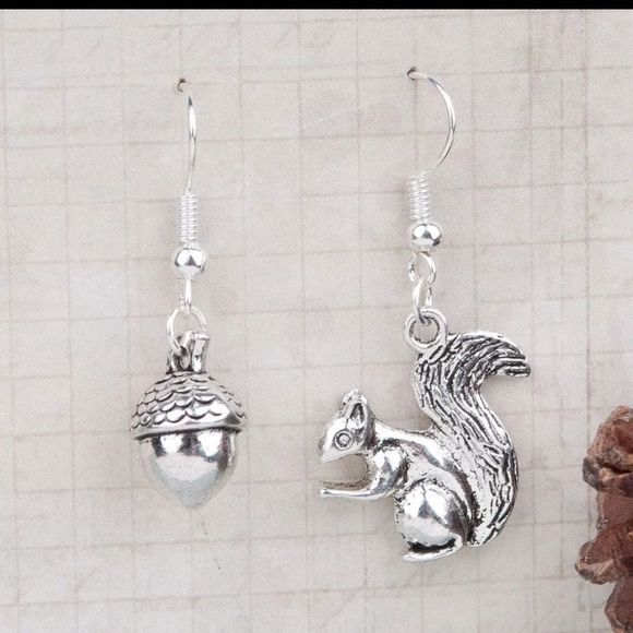 Squirrel Acorn Fall Asymmetrical Silver Earrings - Picture 3 of 6